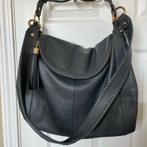 Onna Ehrlich Grey Pebbled Leather Braided Strap Hobo with Tassel Gold Large
